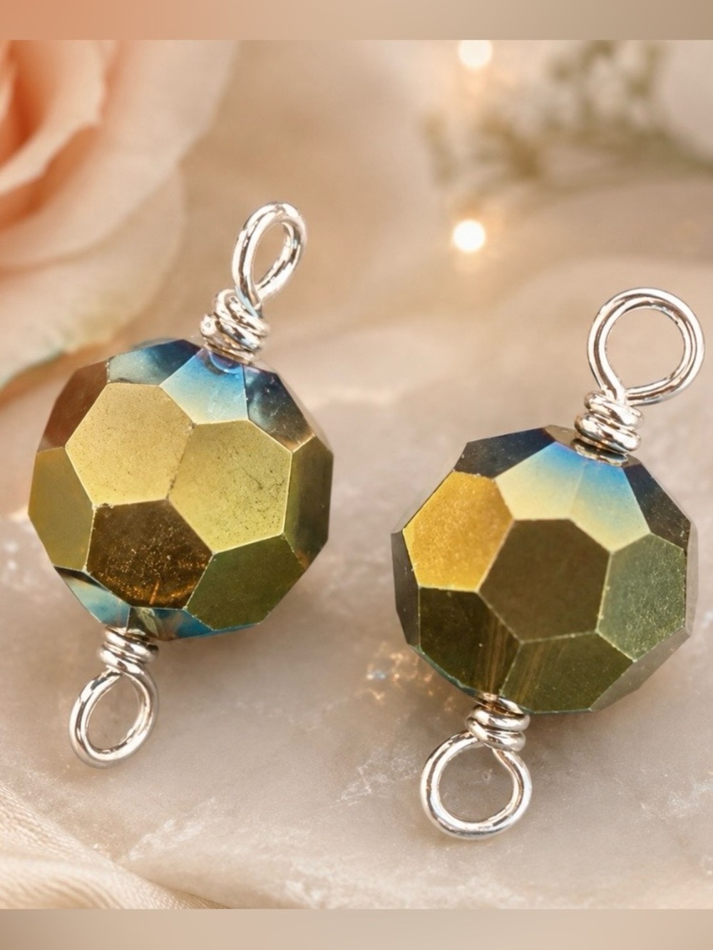 Faceted Glass Bead Connector Pair in oil slick